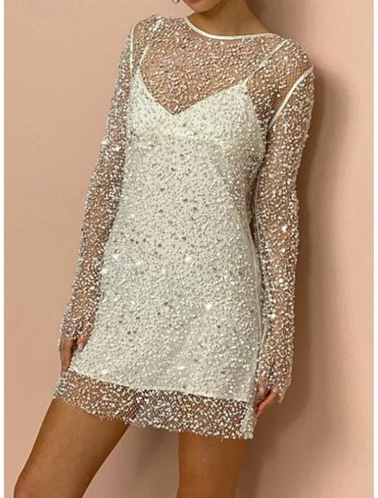 Online Women's Sequins Vintage Dress Mini Dress Polka Dot V Neck Long Sleeve Fall Winter Women Cocktail Dress