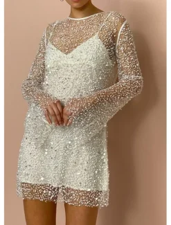 Online Women's Sequins Vintage Dress Mini Dress Polka Dot V Neck Long Sleeve Fall Winter Women Cocktail Dress