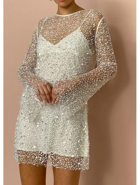 Online Women's Sequins Vintage Dress Mini Dress Polka Dot V Neck Long Sleeve Fall Winter Women Cocktail Dress