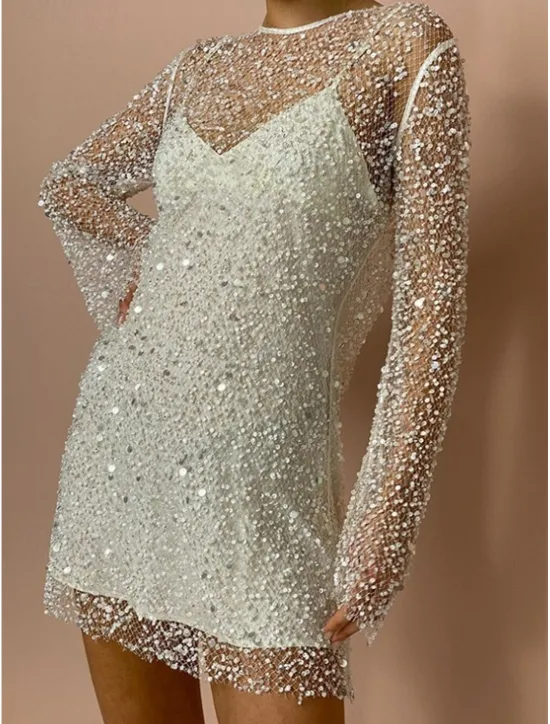 Online Women's Sequins Vintage Dress Mini Dress Polka Dot V Neck Long Sleeve Fall Winter Women Cocktail Dress