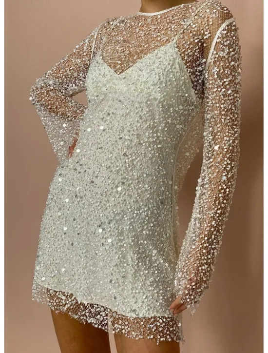 Online Women's Sequins Vintage Dress Mini Dress Polka Dot V Neck Long Sleeve Fall Winter Women Cocktail Dress