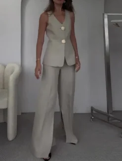 Clearance Women's Set Work V Neck Buttons Solid Color Comfortable OL Style Regular Fit Outerwear Sleeveless Summer Light Grey S Women Blazers & Suits