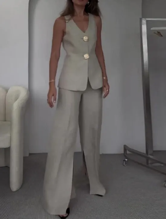 Clearance Women's Set Work V Neck Buttons Solid Color Comfortable OL Style Regular Fit Outerwear Sleeveless Summer Light Grey S Women Blazers & Suits