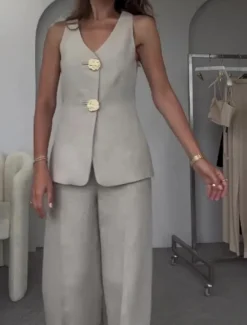 Clearance Women's Set Work V Neck Buttons Solid Color Comfortable OL Style Regular Fit Outerwear Sleeveless Summer Light Grey S Women Blazers & Suits