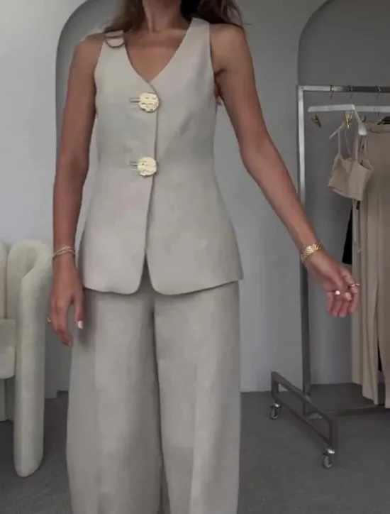 Clearance Women's Set Work V Neck Buttons Solid Color Comfortable OL Style Regular Fit Outerwear Sleeveless Summer Light Grey S Women Blazers & Suits