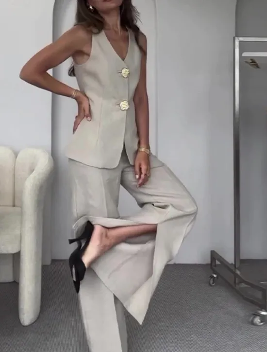Clearance Women's Set Work V Neck Buttons Solid Color Comfortable OL Style Regular Fit Outerwear Sleeveless Summer Light Grey S Women Blazers & Suits