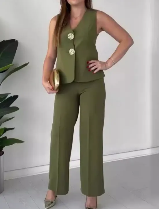 Clearance Women's Set Work V Neck Buttons Solid Color Comfortable OL Style Regular Fit Outerwear Sleeveless Summer Light Grey S Women Blazers & Suits