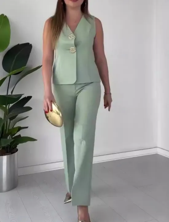 Clearance Women's Set Work V Neck Buttons Solid Color Comfortable OL Style Regular Fit Outerwear Sleeveless Summer Light Grey S Women Blazers & Suits