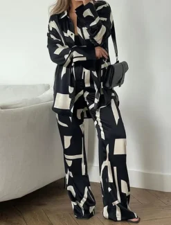 New Women's Sets Print Casual Comfort Daily Breathable Lapel Long Sleeve Shirt Pant Button Spring Fall Home Outfits Women Sleepwear