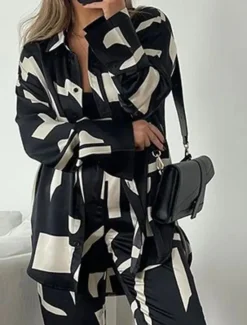 New Women's Sets Print Casual Comfort Daily Breathable Lapel Long Sleeve Shirt Pant Button Spring Fall Home Outfits Women Sleepwear