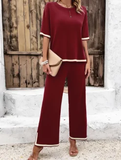 Outlet Women's Sets Pure Color Casual Comfort Daily Viscose Breathable Crew Neck Short Sleeve T shirt Tee Pant Summer Spring Home Outfits Women Pajama-Setter