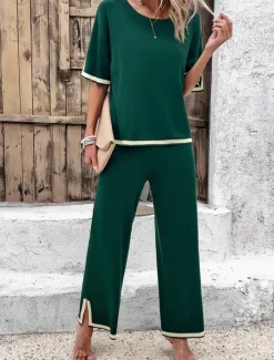 Outlet Women's Sets Pure Color Casual Comfort Daily Viscose Breathable Crew Neck Short Sleeve T shirt Tee Pant Summer Spring Home Outfits Women Pajama-Setter