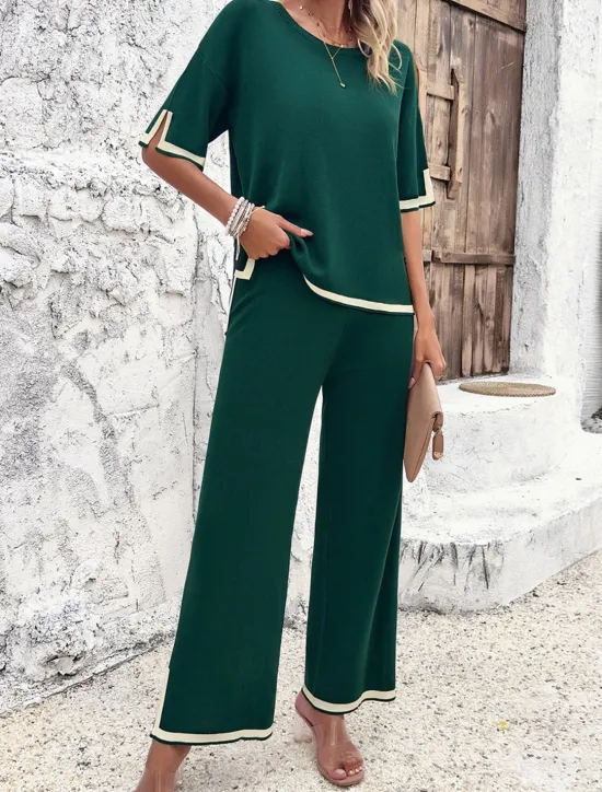 Outlet Women's Sets Pure Color Casual Comfort Daily Viscose Breathable Crew Neck Short Sleeve T shirt Tee Pant Summer Spring Home Outfits Women Pajama-Setter