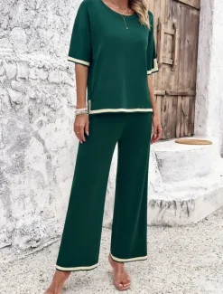Outlet Women's Sets Pure Color Casual Comfort Daily Viscose Breathable Crew Neck Short Sleeve T shirt Tee Pant Summer Spring Home Outfits Women Pajama-Setter