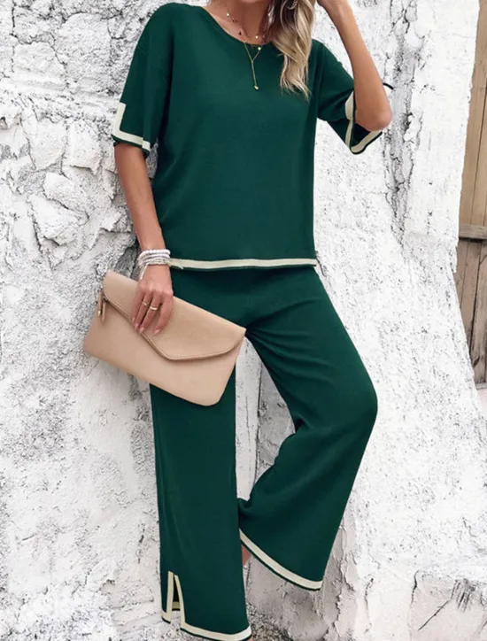 Outlet Women's Sets Pure Color Casual Comfort Daily Viscose Breathable Crew Neck Short Sleeve T shirt Tee Pant Summer Spring Home Outfits Women Pajama-Setter