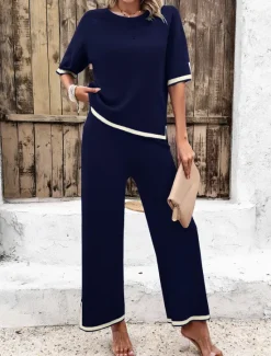 Outlet Women's Sets Pure Color Casual Comfort Daily Viscose Breathable Crew Neck Short Sleeve T shirt Tee Pant Summer Spring Home Outfits Women Pajama-Setter