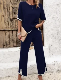 Outlet Women's Sets Pure Color Casual Comfort Daily Viscose Breathable Crew Neck Short Sleeve T shirt Tee Pant Summer Spring Home Outfits Women Pajama-Setter