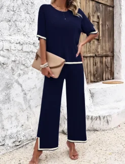 Outlet Women's Sets Pure Color Casual Comfort Daily Viscose Breathable Crew Neck Short Sleeve T shirt Tee Pant Summer Spring Home Outfits Women Pajama-Setter