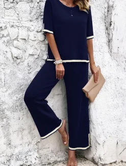 Outlet Women's Sets Pure Color Casual Comfort Daily Viscose Breathable Crew Neck Short Sleeve T shirt Tee Pant Summer Spring Home Outfits Women Pajama-Setter