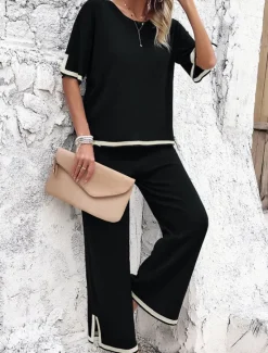 Outlet Women's Sets Pure Color Casual Comfort Daily Viscose Breathable Crew Neck Short Sleeve T shirt Tee Pant Summer Spring Home Outfits Women Pajama-Setter
