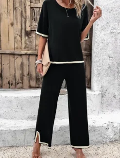 Outlet Women's Sets Pure Color Casual Comfort Daily Viscose Breathable Crew Neck Short Sleeve T shirt Tee Pant Summer Spring Home Outfits Women Pajama-Setter