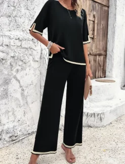 Outlet Women's Sets Pure Color Casual Comfort Daily Viscose Breathable Crew Neck Short Sleeve T shirt Tee Pant Summer Spring Home Outfits Women Pajama-Setter