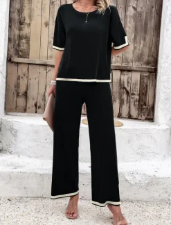 Outlet Women's Sets Pure Color Casual Comfort Daily Viscose Breathable Crew Neck Short Sleeve T shirt Tee Pant Summer Spring Home Outfits Women Pajama-Setter