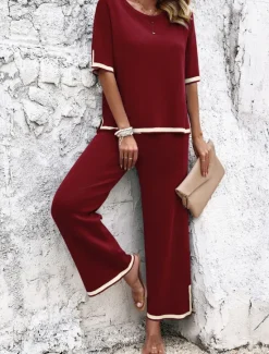 Outlet Women's Sets Pure Color Casual Comfort Daily Viscose Breathable Crew Neck Short Sleeve T shirt Tee Pant Summer Spring Home Outfits Women Pajama-Setter
