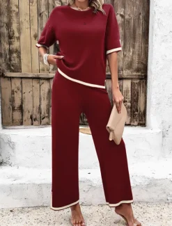 Outlet Women's Sets Pure Color Casual Comfort Daily Viscose Breathable Crew Neck Short Sleeve T shirt Tee Pant Summer Spring Home Outfits Women Pajama-Setter