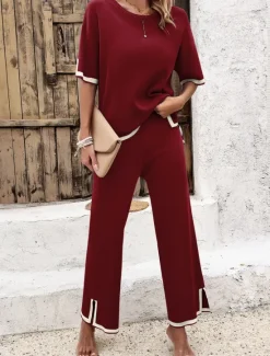 Outlet Women's Sets Pure Color Casual Comfort Daily Viscose Breathable Crew Neck Short Sleeve T shirt Tee Pant Summer Spring Home Outfits Women Pajama-Setter