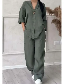 Clearance Women's Sets Pure Color Casual Comfort Home Daily Breathable Shirt Pant Summer Spring Home Outfits Women Pajama-Setter