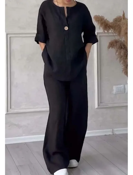 Clearance Women's Sets Pure Color Casual Comfort Home Daily Breathable Shirt Pant Summer Spring Home Outfits Women Pajama-Setter