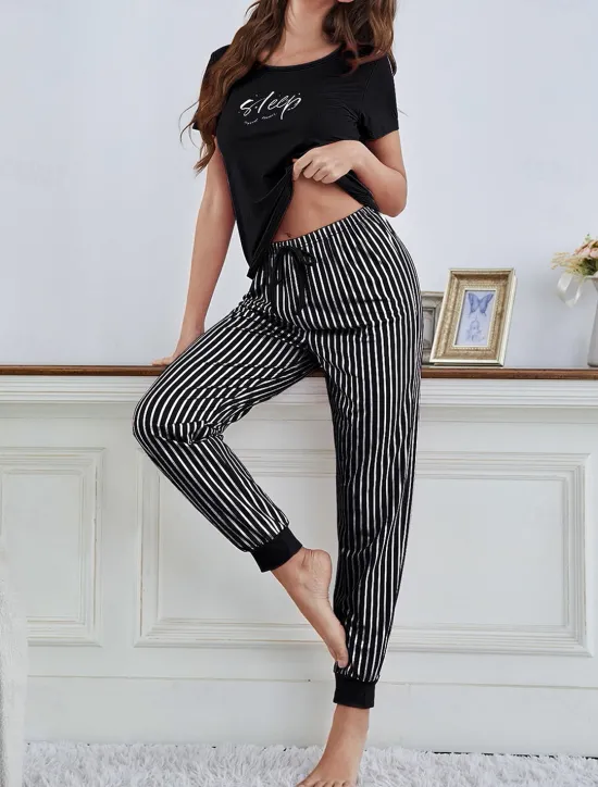 Hot Women's Sets Stripe Letter Fashion Comfort Home Daily Breathable Crew Neck Short Sleeve T shirt Tee Pant Summer Spring Home Outfits Women Sleepwear