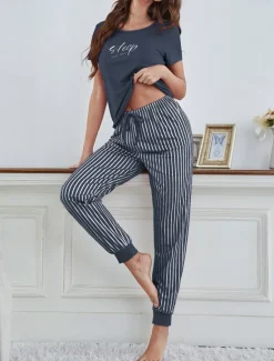 Hot Women's Sets Stripe Letter Fashion Comfort Home Daily Breathable Crew Neck Short Sleeve T shirt Tee Pant Summer Spring Home Outfits Women Sleepwear