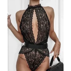 Clearance Women's Sexy Bodies Teddies & Bodysuits Pure Color Lovers Hot Home Valentine's Day Bed Lace Breathable Halter Neck Sleeveless Backless Summer Spring Home Outfits Women Lingerie