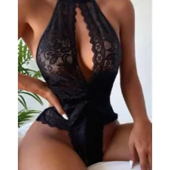 Clearance Women's Sexy Bodies Teddies & Bodysuits Pure Color Lovers Hot Home Valentine's Day Bed Lace Breathable Halter Neck Sleeveless Backless Summer Spring Home Outfits Women Lingerie
