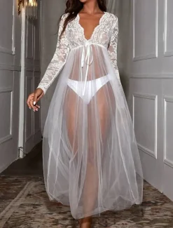 Outlet Women's Sexy Lingerie Chemises & Negligees Pure Color See Through Sweet Home Beach V Wire Long Sleeve Transparent Summer Spring Home Outfits Women Lingerie