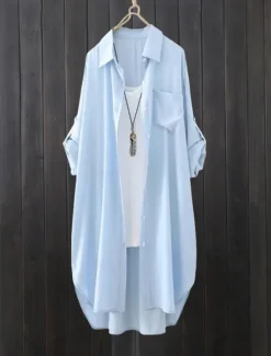 Hot Women's Shacket Comfortable Breathable Buttons Casual Plain Vacation Street Casual Daily Wear Single Breasted Long Lapel Regular Fit Long Sleeve Outerwear White Blue Spring Fall Women Jackets