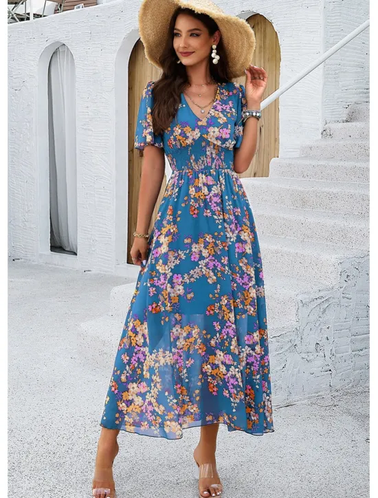 Outlet Women's Sheath Dress Chiffon Dress Sundress Floral Graphic Elastic Waist Print V Neck Cold Shoulder Long Dress Maxi Dress Elegant Tropical Party Date Short Sleeve Summer Spring Women Spring Dresses