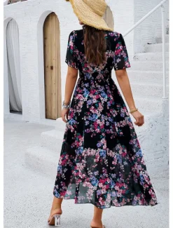 Outlet Women's Sheath Dress Chiffon Dress Sundress Floral Graphic Elastic Waist Print V Neck Cold Shoulder Long Dress Maxi Dress Elegant Tropical Party Date Short Sleeve Summer Spring Women Spring Dresses