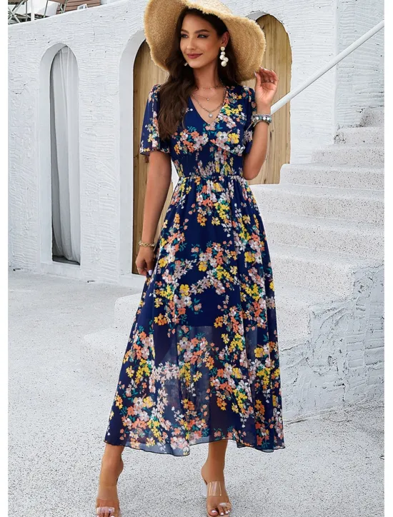 Outlet Women's Sheath Dress Chiffon Dress Sundress Floral Graphic Elastic Waist Print V Neck Cold Shoulder Long Dress Maxi Dress Elegant Tropical Party Date Short Sleeve Summer Spring Women Spring Dresses