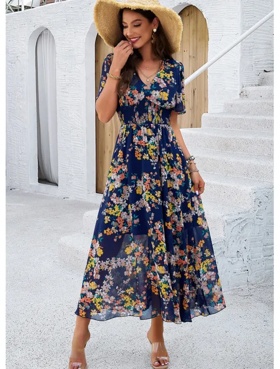 Outlet Women's Sheath Dress Chiffon Dress Sundress Floral Graphic Elastic Waist Print V Neck Cold Shoulder Long Dress Maxi Dress Elegant Tropical Party Date Short Sleeve Summer Spring Women Spring Dresses