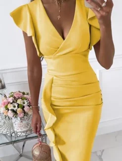 New Women's Sheath Dress Knee Length Dress Black Red Yellow Apricot Sleeveless Pure Color Ruched Ruffle Spring Summer V Neck Stylish Elegant Sexy Party Slim 2023 S M L XL XXL Women Cocktail Dress