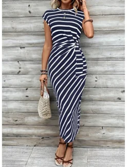 Clearance Women's Sheath Dress Stripe Knotted Crew Neck Cap Sleeve Midi Dress Stylish Casual Daily Short Sleeve Summer Women Work Dresses
