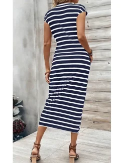 Clearance Women's Sheath Dress Stripe Knotted Crew Neck Cap Sleeve Midi Dress Stylish Casual Daily Short Sleeve Summer Women Work Dresses