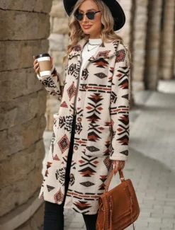 Hot Women's Sherpa Jacket Street Daily Wear Fall Winter Regular Coat Regular Fit Warm Breathable Comtemporary Stylish Plush Jacket Long Sleeve Geometric with Pockets Women Blazers & Suits