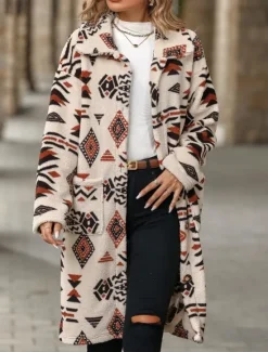 Hot Women's Sherpa Jacket Street Daily Wear Fall Winter Regular Coat Regular Fit Warm Breathable Comtemporary Stylish Plush Jacket Long Sleeve Geometric with Pockets Women Blazers & Suits