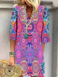 Outlet Women's Shift Dress Floral Paisley Print V Neck Mini Dress Daily Vacation 3/4 Length Sleeve Summer Spring Women Floral Dresses|Spring Dresses