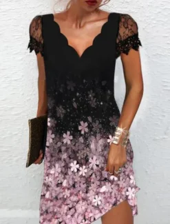 Discount Women's Shift Dress Knee Length Dress White Black Pink Short Sleeve Floral Lace Print Spring Summer V Neck Stylish Casual Modern Loose 2023 S M L XL XXL 3XL Women Spring Dresses|Floral Dresses
