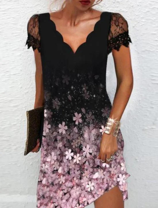 Discount Women's Shift Dress Knee Length Dress White Black Pink Short Sleeve Floral Lace Print Spring Summer V Neck Stylish Casual Modern Loose 2023 S M L XL XXL 3XL Women Spring Dresses|Floral Dresses